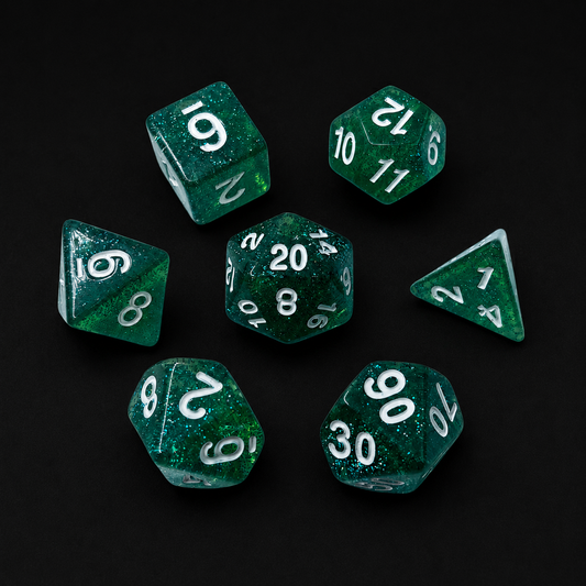 Set of green polyhedral dice with white numbers on a black background