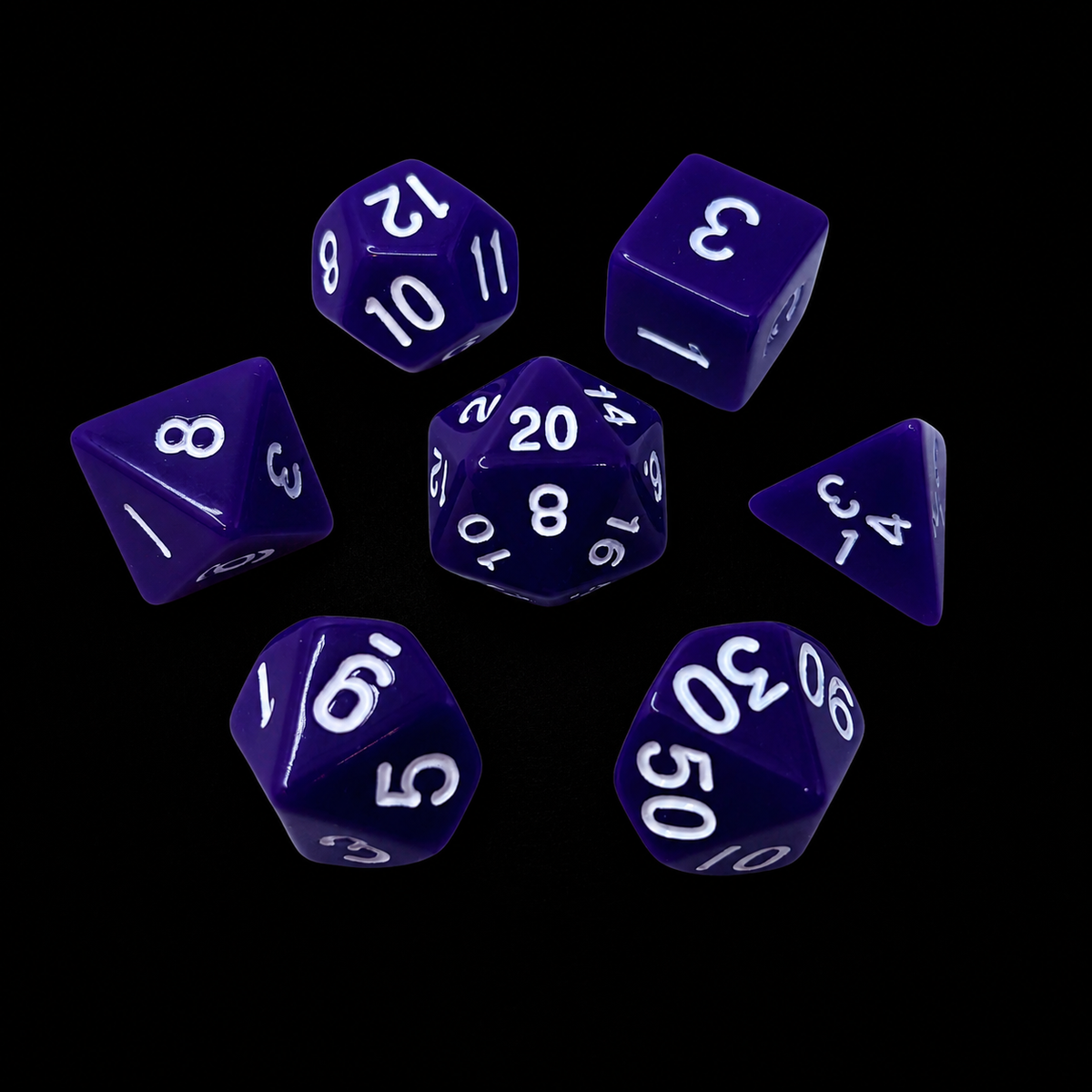 Set of purple polyhedral dice with white numbers on a black background