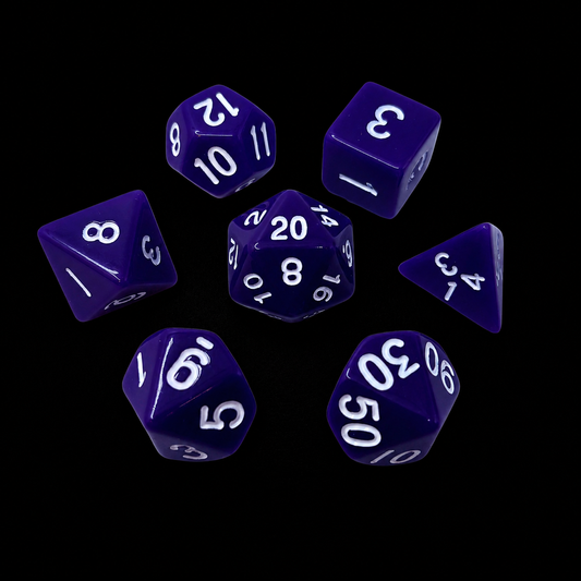 Set of purple polyhedral dice with white numbers on a black background