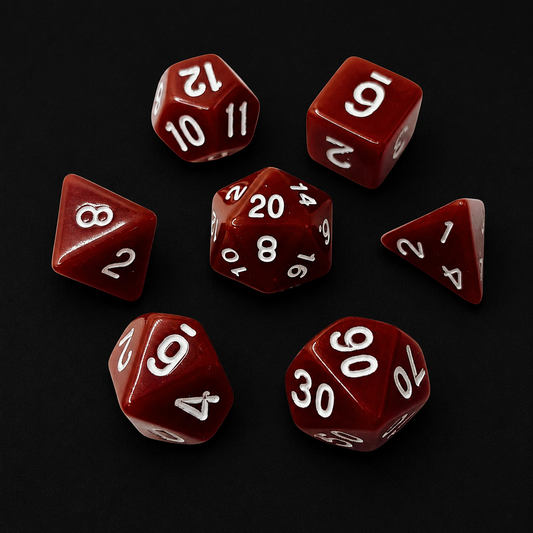 Set of brwon dice with white numbers on a black background