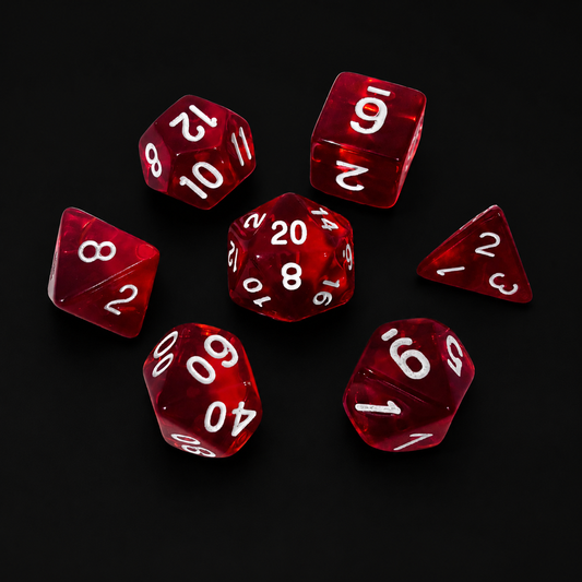 Set of red dice with white numbers on a black background