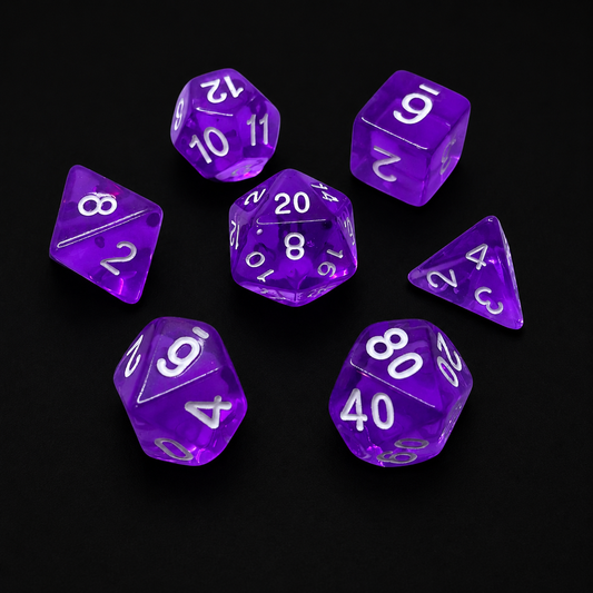 Purple polyhedral dice set on a black background