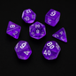 Purple polyhedral dice set on a black background