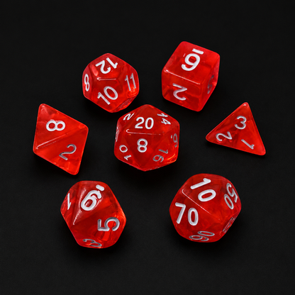 Set of red dice with white numbers on a black background