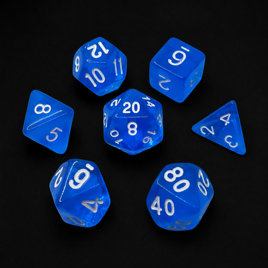 Set of blue polyhedral dice on a black background