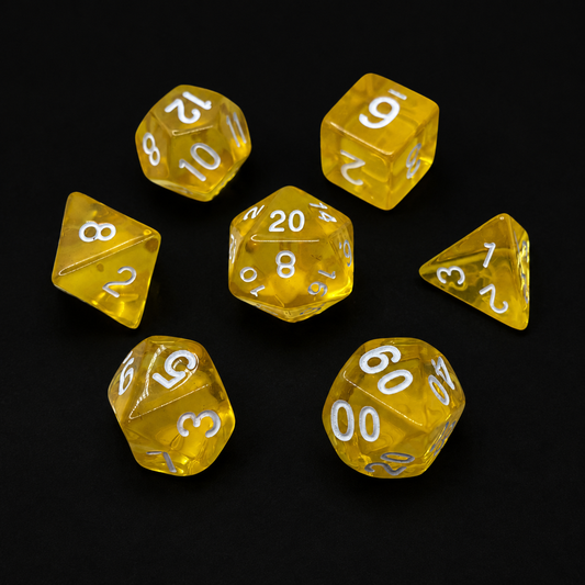 Set of yellow dice with white numbers on a black background