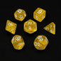 Set of yellow dice with white numbers on a black background