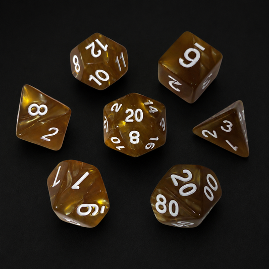 Set of brown dice with white numbers on a black background