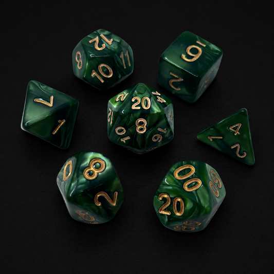 Set of green polyhedral dice with gold numbers on a black background