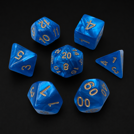 Set of blue polyhedral dice with gold numbers on a black background