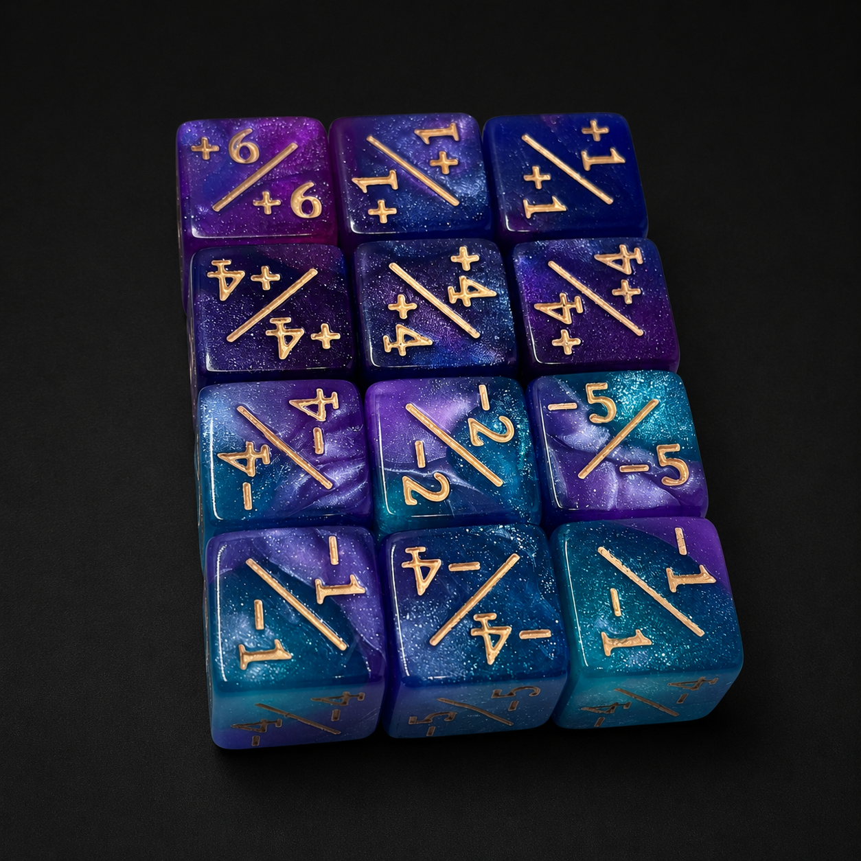 Set of blue and purple polyhedral dice with gold numbers on a black background