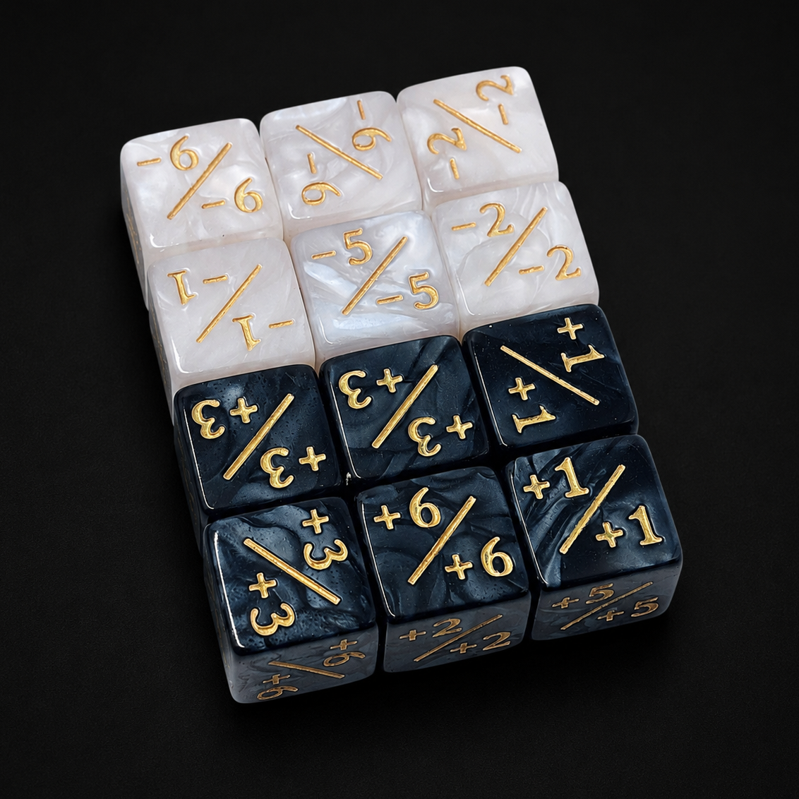 Set of dice with numbers and symbols on a black background