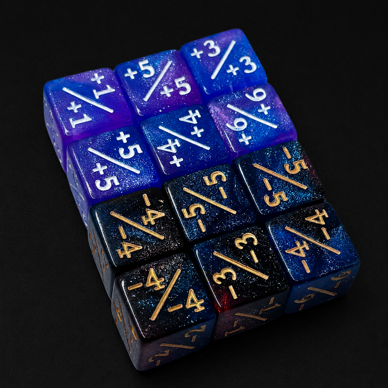 Set of blue and black polyhedral dice with numerical and fractional values on a black background