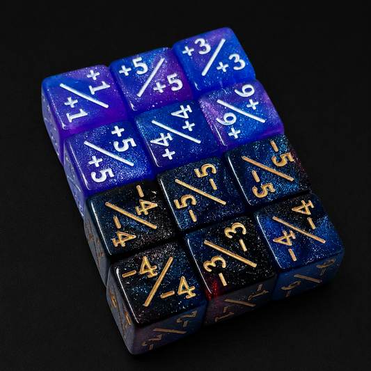Set of blue and black polyhedral dice with numerical and fractional values on a black background