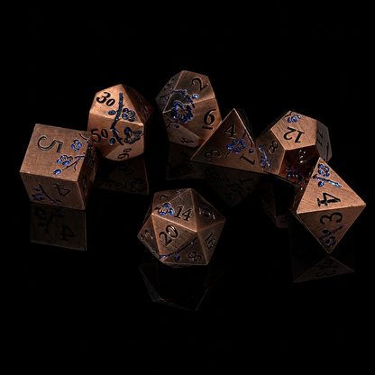 Bronze and Blue Cherry Blossom - Metal Dice Set