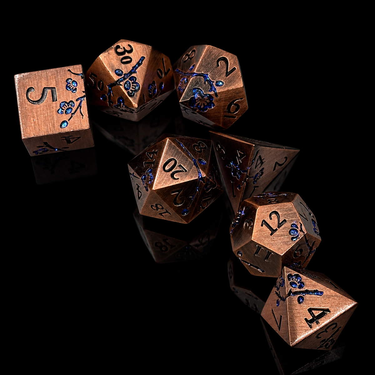Bronze and Blue Cherry Blossom - Metal Dice Set
