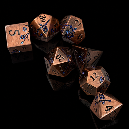 Bronze and Blue Cherry Blossom - Metal Dice Set
