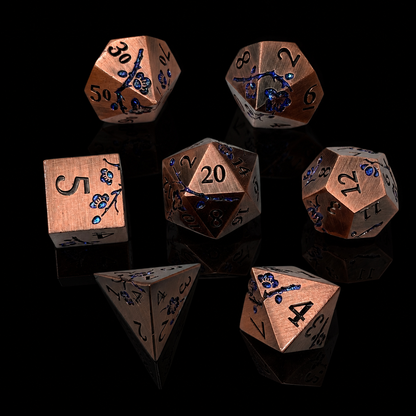 Bronze and Blue Cherry Blossom - Metal Dice Set