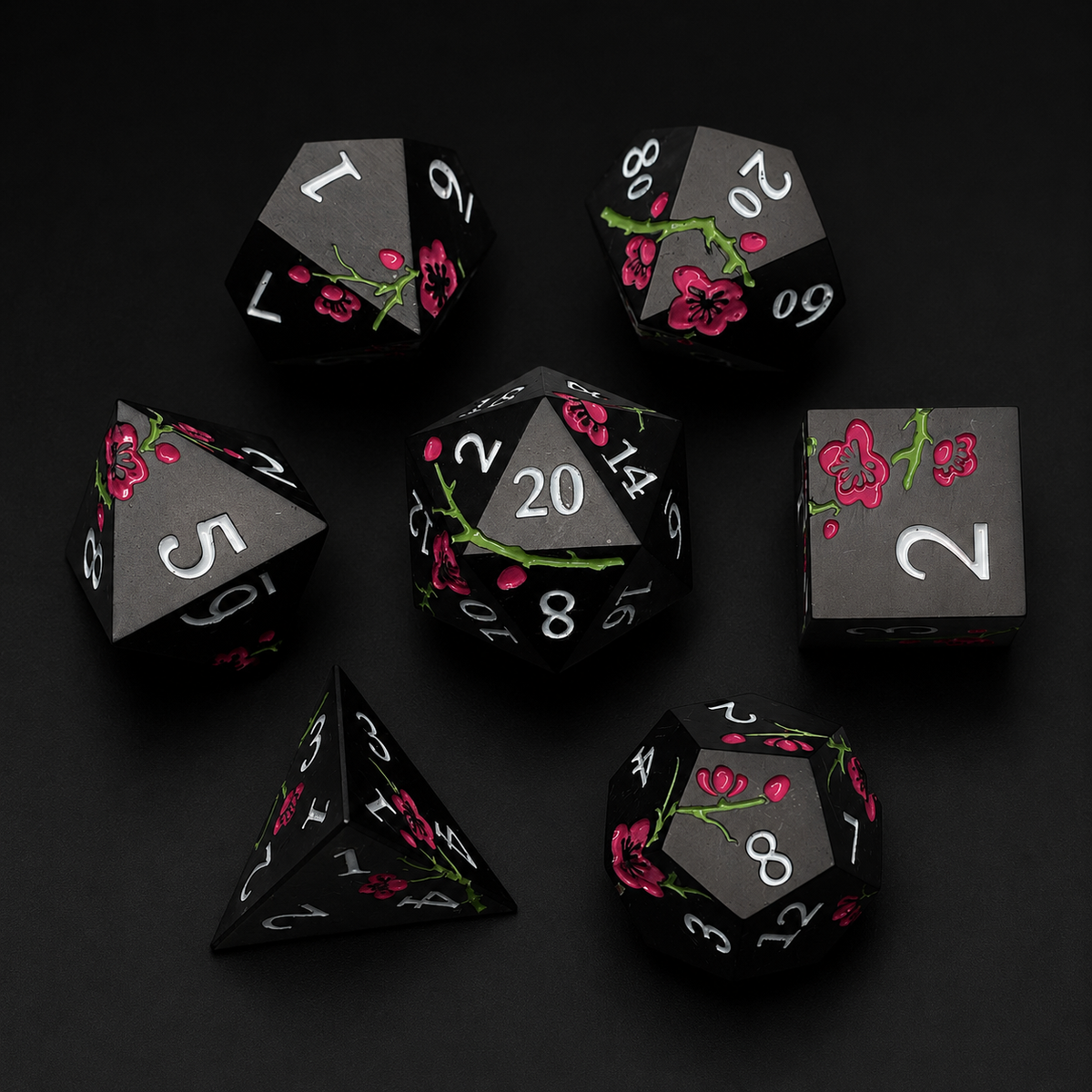 Black and Pink Cherry Blossom - Metal Dice Set