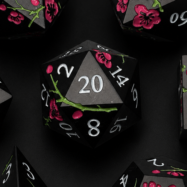 Black and Pink Cherry Blossom - Metal Dice Set