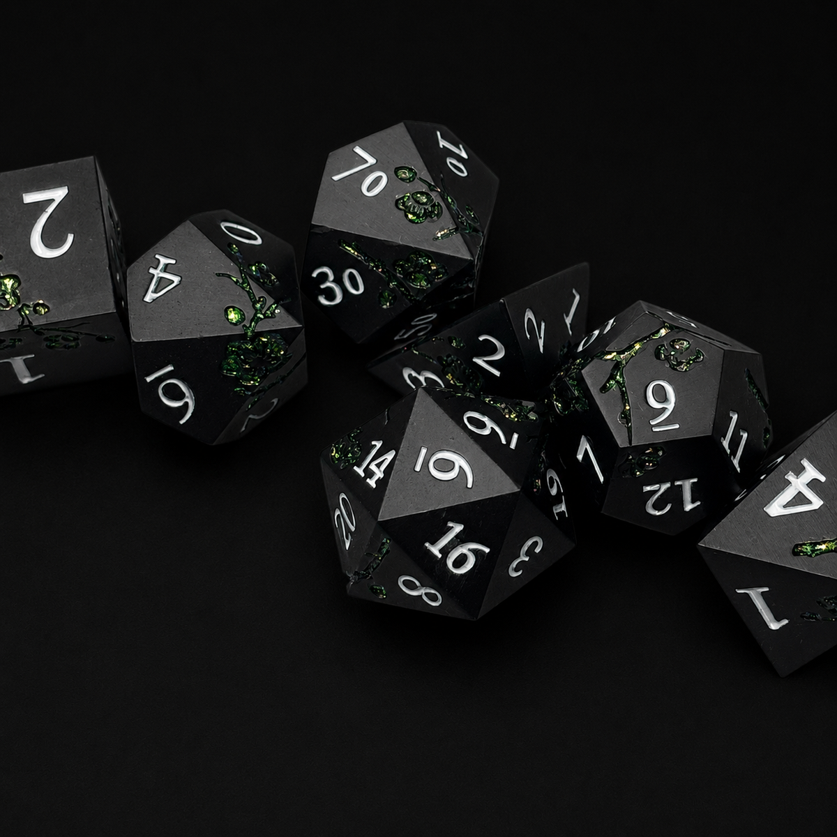 Black and Emerald Cherry Blossom - Metal Dice Set