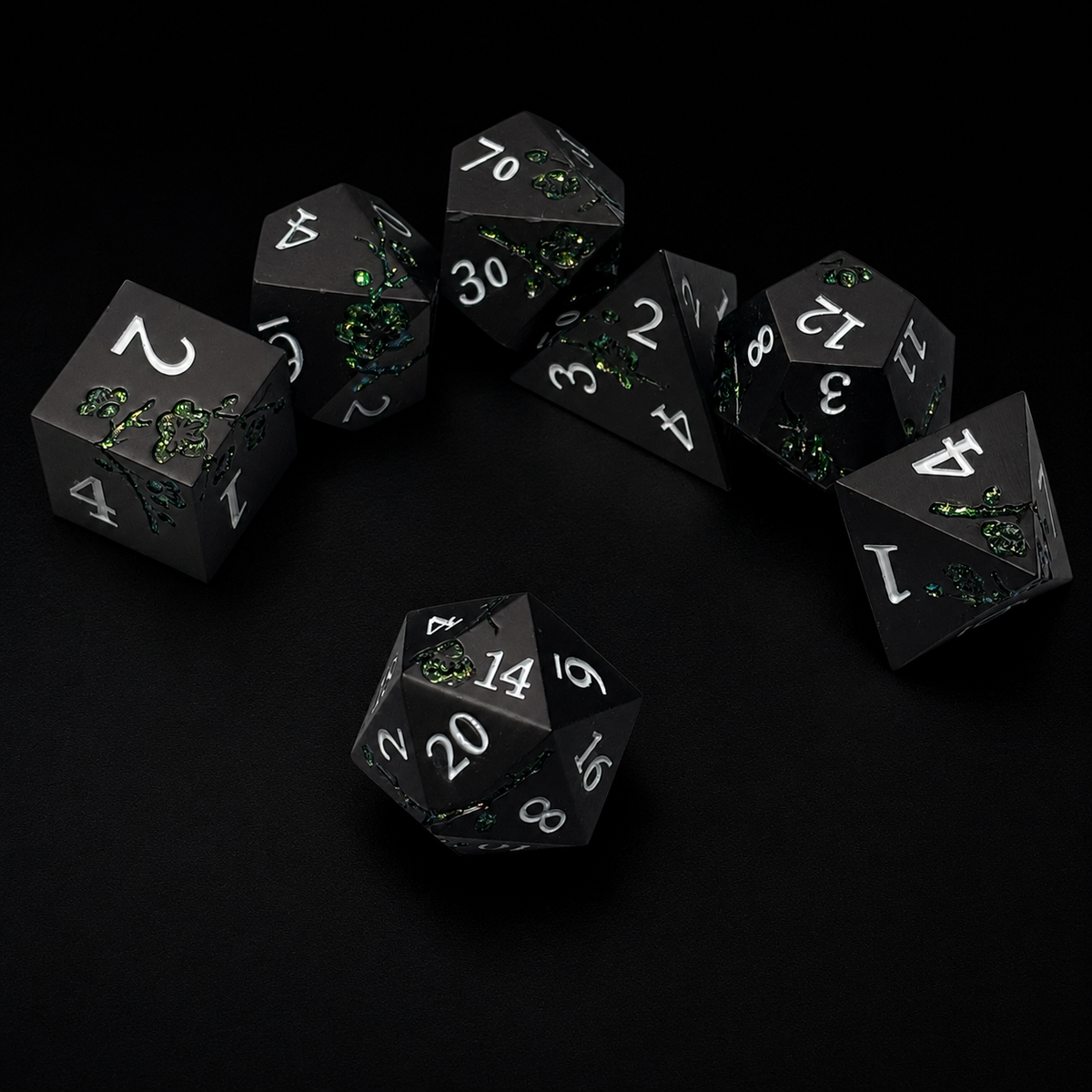 Black and Emerald Cherry Blossom - Metal Dice Set