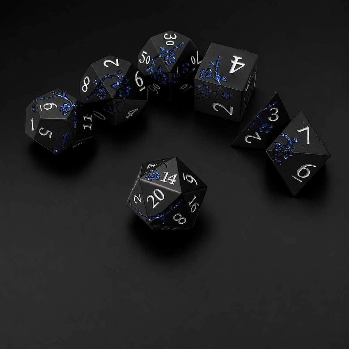 Black and Blue Cherry Blossom - Metal Dice Set