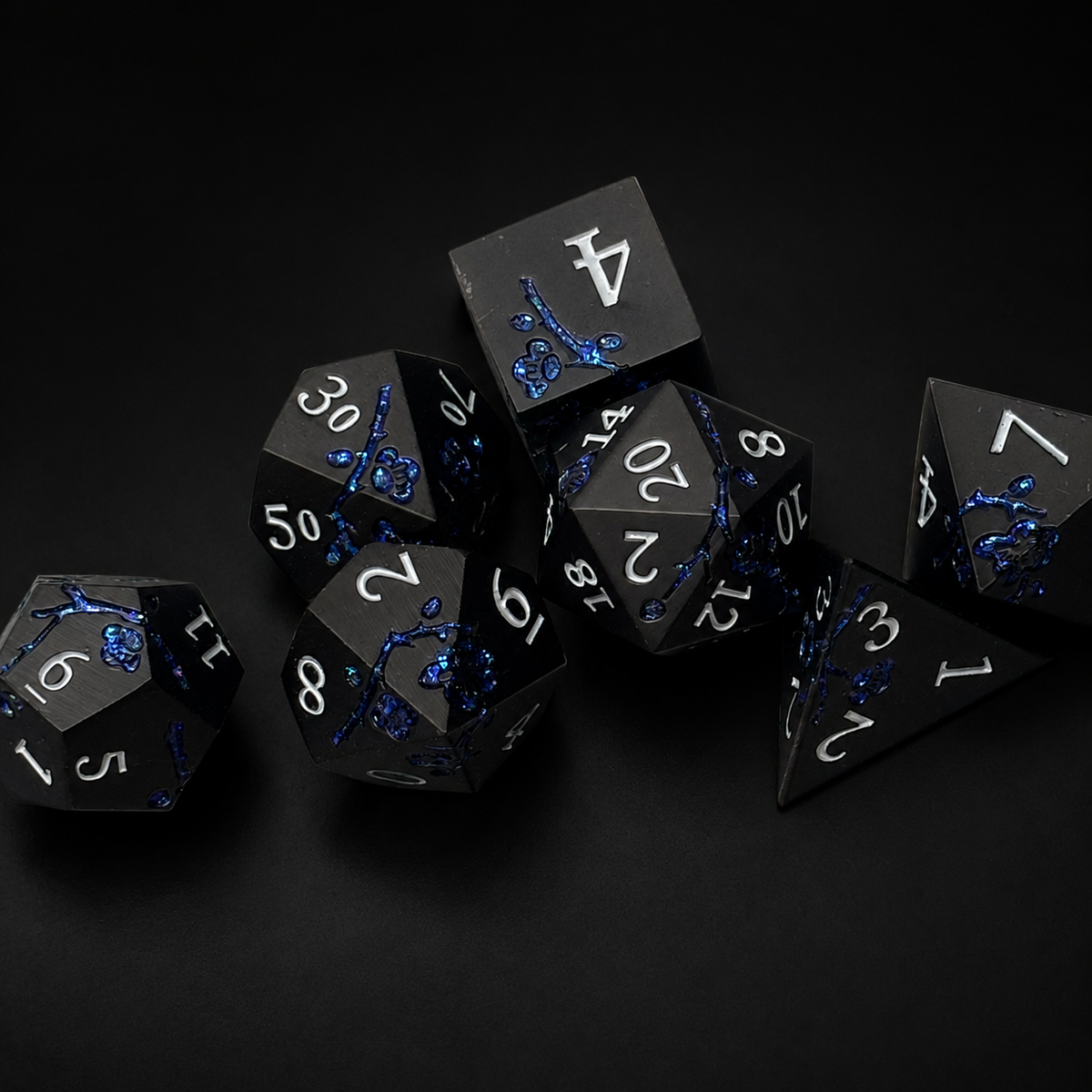 Black and Blue Cherry Blossom - Metal Dice Set