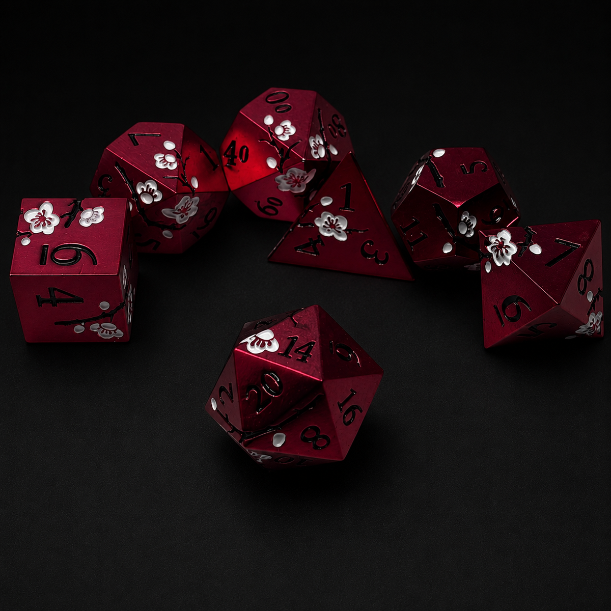 Red Iron White Cherry Blossom - Metal Dice Set
