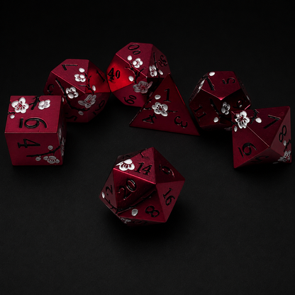 Red Iron White Cherry Blossom - Metal Dice Set