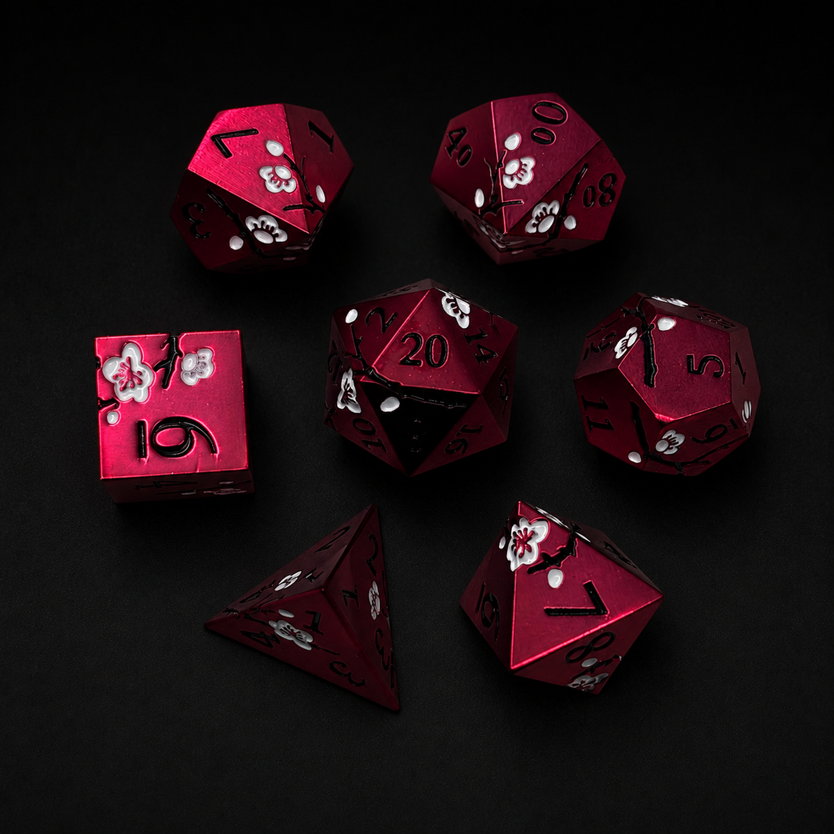 Red Iron White Cherry Blossom - Metal Dice Set