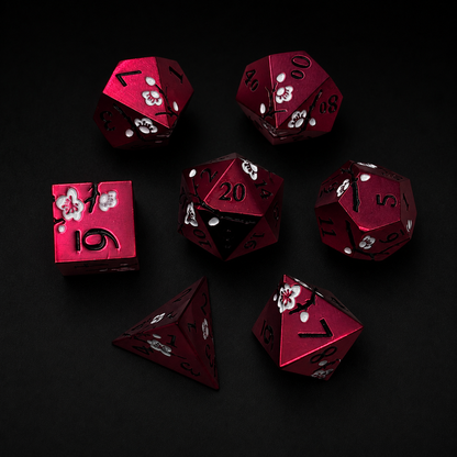 Red Iron White Cherry Blossom - Metal Dice Set