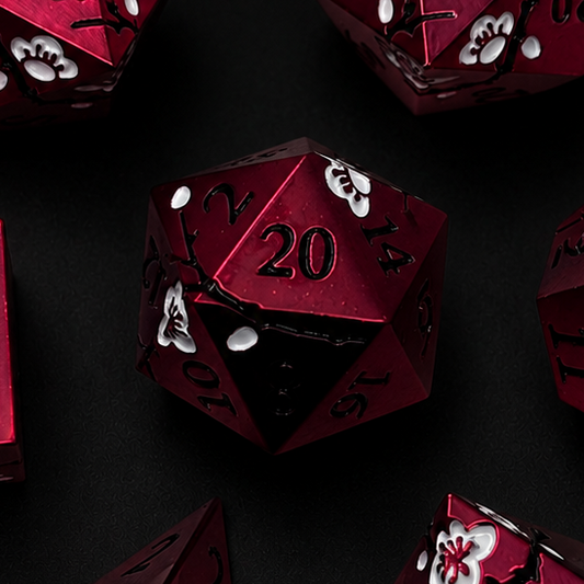 Red Iron White Cherry Blossom - Metal Dice Set