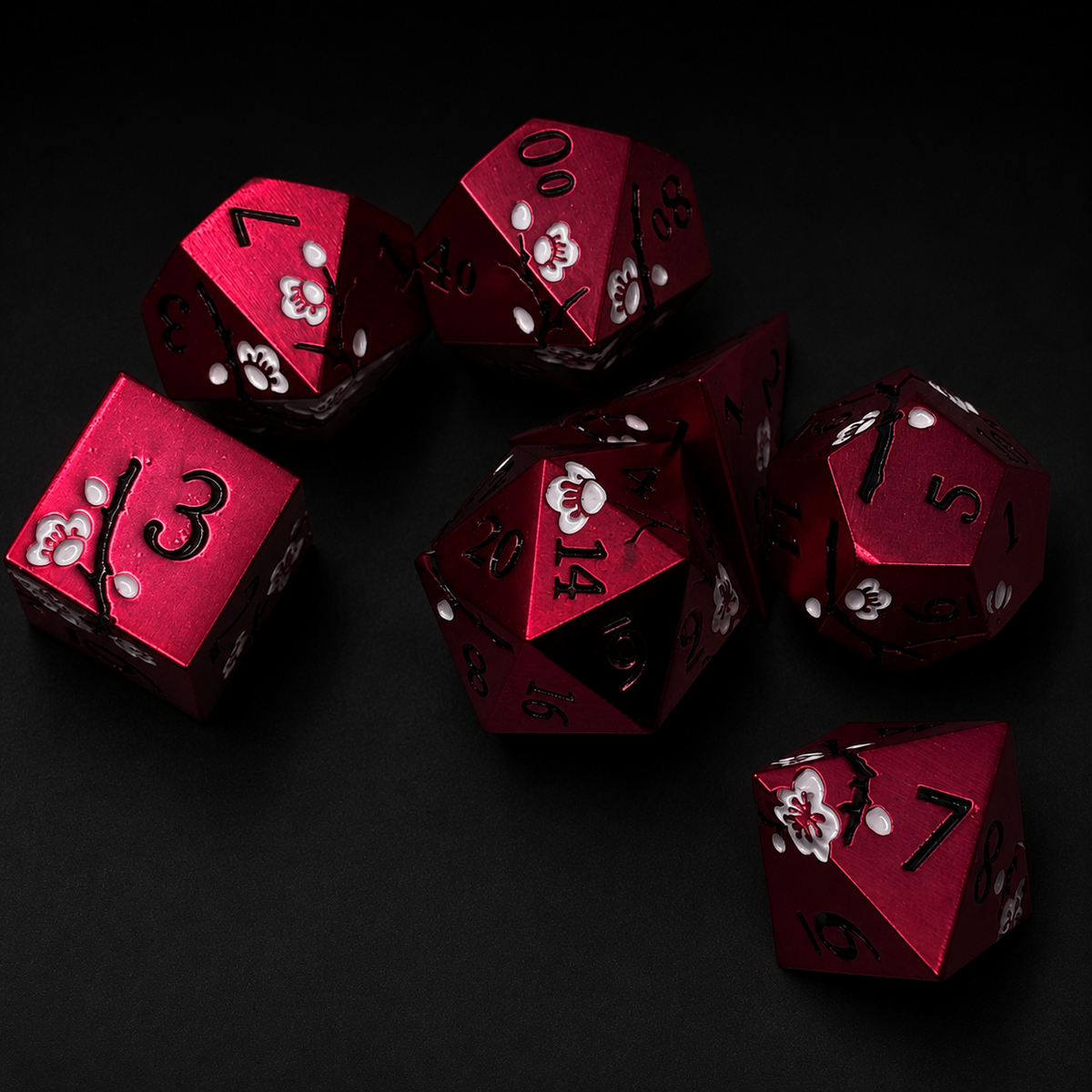 Red Iron White Cherry Blossom - Metal Dice Set