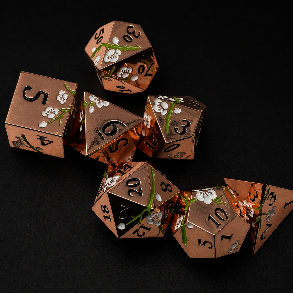 Bronze and Green Cherry Blossom - Metal Dice Set