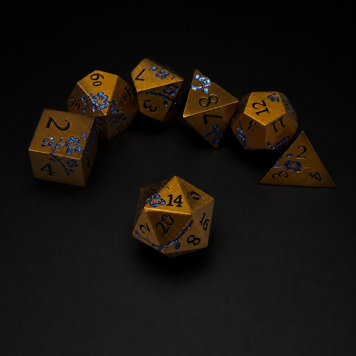 Bronze and Blue Cherry Blossom - Metal Dice Set
