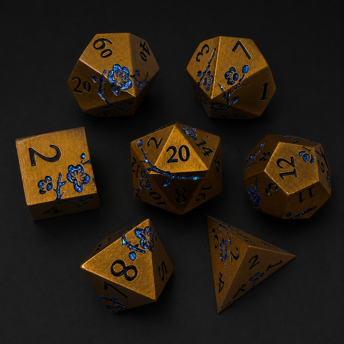 Bronze and Blue Cherry Blossom - Metal Dice Set