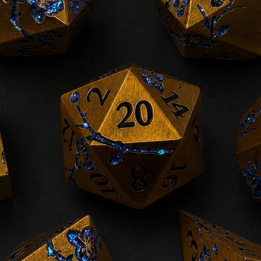 Bronze and Blue Cherry Blossom - Metal Dice Set