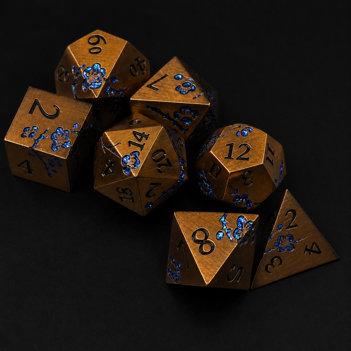 Bronze and Blue Cherry Blossom - Metal Dice Set