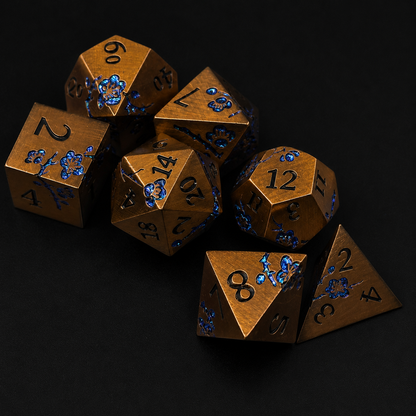 Bronze and Blue Cherry Blossom - Metal Dice Set